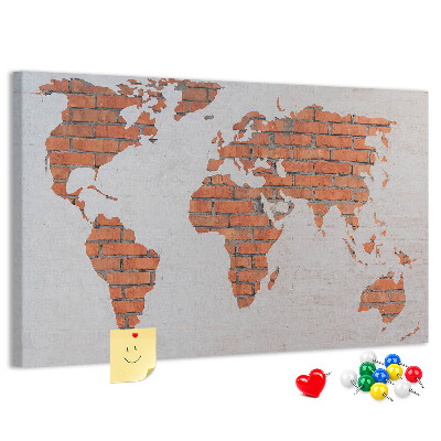 Tableau affichage liège Une carte du monde contre un mur de briques