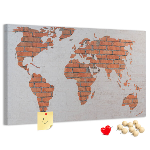 Tableau affichage liège Une carte du monde contre un mur de briques