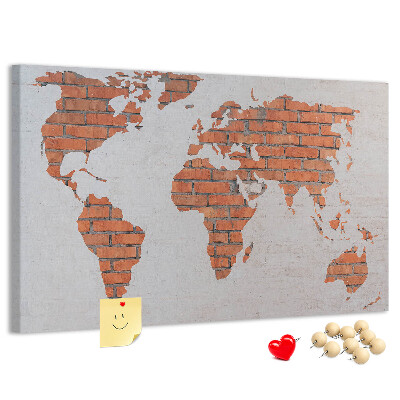 Tableau affichage liège Une carte du monde contre un mur de briques