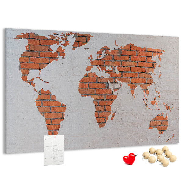Tableau affichage liège Une carte du monde contre un mur de briques