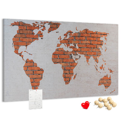 Tableau affichage liège Une carte du monde contre un mur de briques