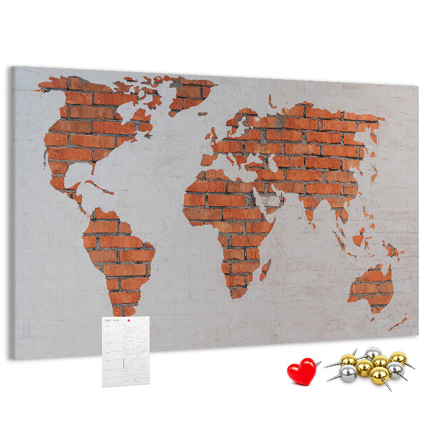 Tableau affichage liège Une carte du monde contre un mur de briques