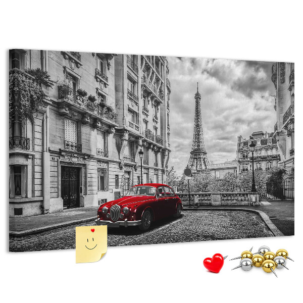 Tableau de liège Une voiture rouge avec Paris en arrière-plan