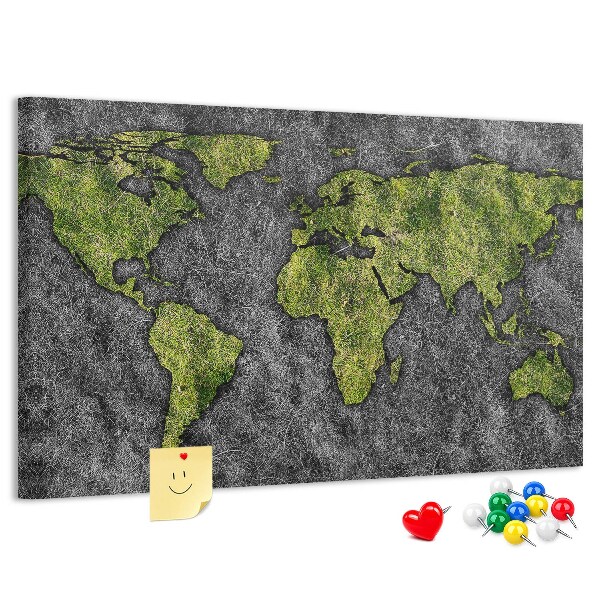 Tableau affichage liège Carte du monde verte sur fond gris