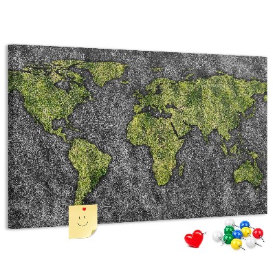 Tableau affichage liège Carte du monde verte sur fond gris