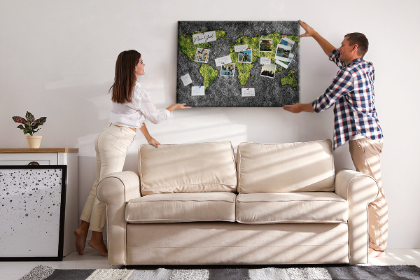 Tableau affichage liège Carte du monde verte sur fond gris