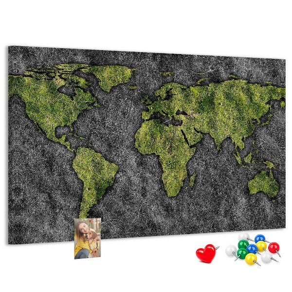 Tableau affichage liège Carte du monde verte sur fond gris