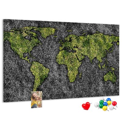 Tableau affichage liège Carte du monde verte sur fond gris