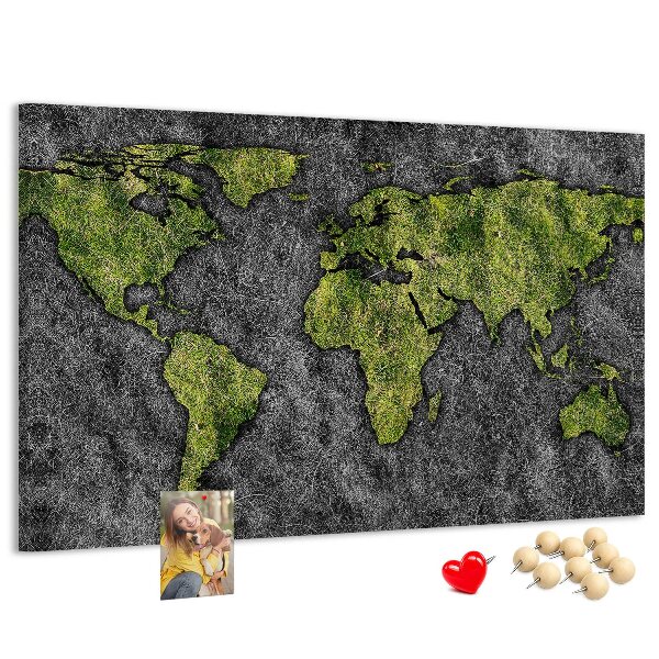 Tableau affichage liège Carte du monde verte sur fond gris
