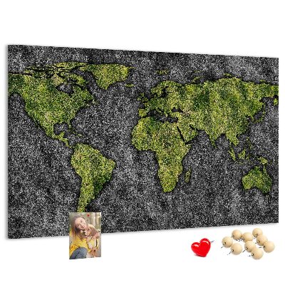 Tableau affichage liège Carte du monde verte sur fond gris