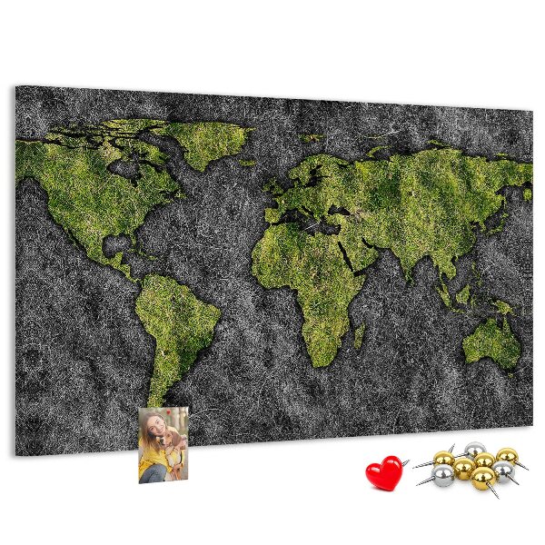 Tableau affichage liège Carte du monde verte sur fond gris