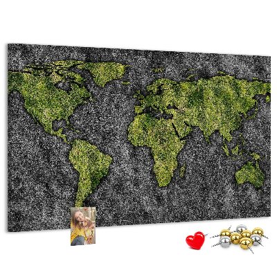 Tableau affichage liège Carte du monde verte sur fond gris