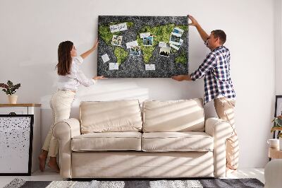 Tableau affichage liège Carte du monde verte sur fond gris