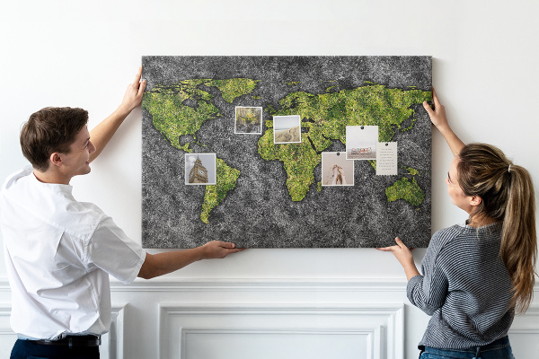 Tableau affichage liège Carte du monde verte sur fond gris