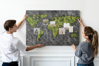 Tableau affichage liège Carte du monde verte sur fond gris