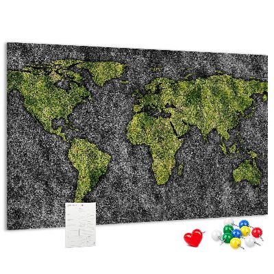 Tableau affichage liège Carte du monde verte sur fond gris