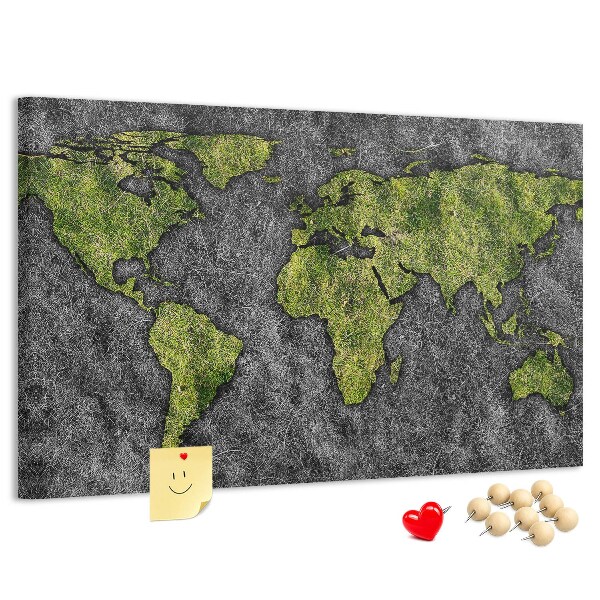Tableau affichage liège Carte du monde verte sur fond gris