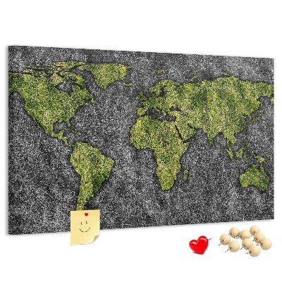 Tableau affichage liège Carte du monde verte sur fond gris