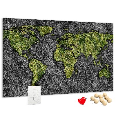 Tableau affichage liège Carte du monde verte sur fond gris