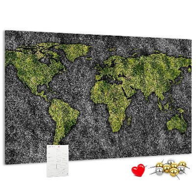 Tableau affichage liège Carte du monde verte sur fond gris