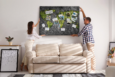 Tableau affichage liège Carte du monde verte sur fond gris