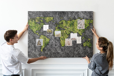 Tableau affichage liège Carte du monde verte sur fond gris