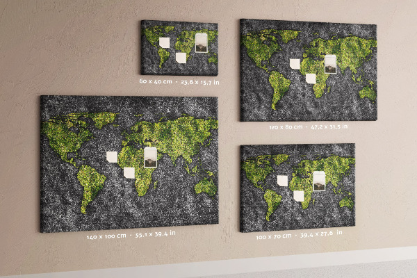 Tableau affichage liège Carte du monde verte sur fond gris