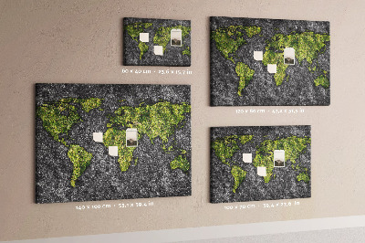 Tableau affichage liège Carte du monde verte sur fond gris