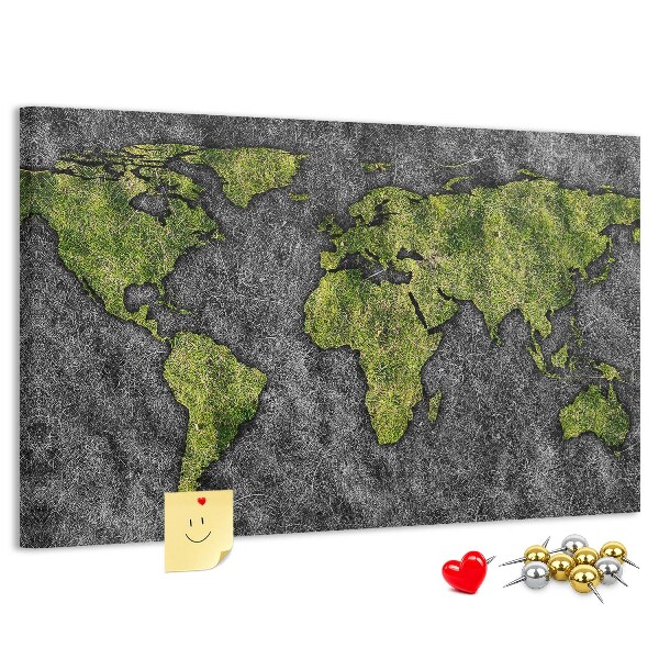 Tableau affichage liège Carte du monde verte sur fond gris