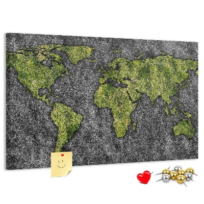 Tableau affichage liège Carte du monde verte sur fond gris