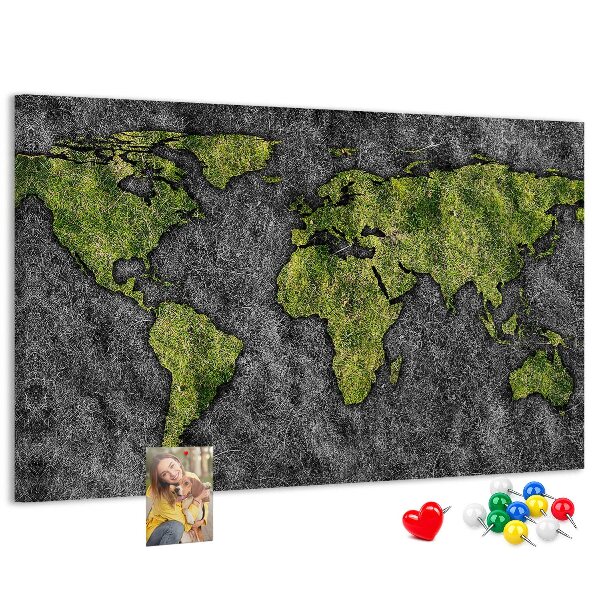 Tableau affichage liège Carte du monde verte sur fond gris