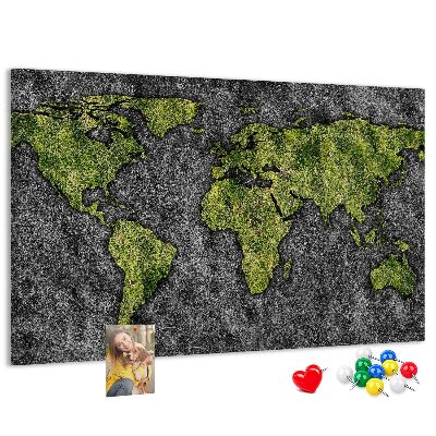 Tableau affichage liège Carte du monde verte sur fond gris