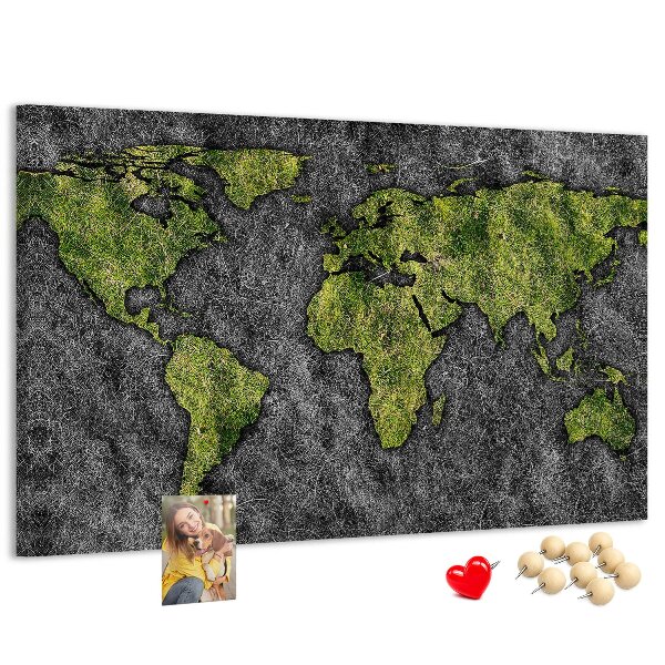 Tableau affichage liège Carte du monde verte sur fond gris