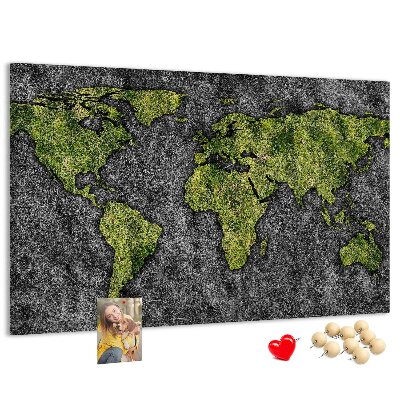 Tableau affichage liège Carte du monde verte sur fond gris