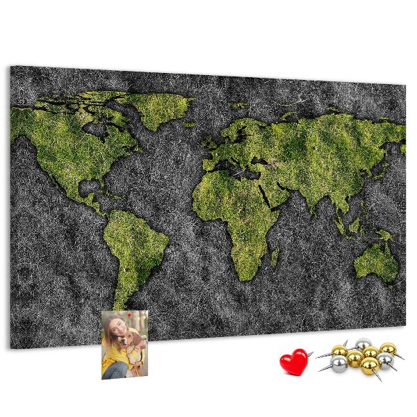 Tableau affichage liège Carte du monde verte sur fond gris
