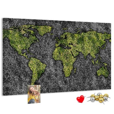 Tableau affichage liège Carte du monde verte sur fond gris