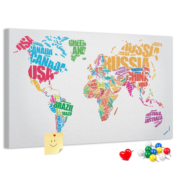 Tableau en liège Carte du monde colorée avec les noms des pays