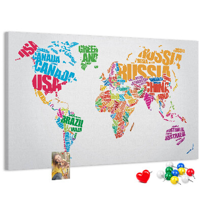 Tableau en liège Carte du monde colorée avec les noms des pays