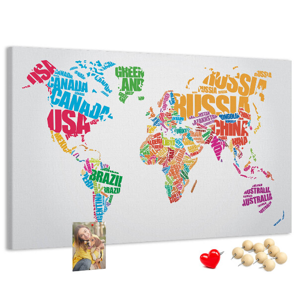 Tableau en liège Carte du monde colorée avec les noms des pays