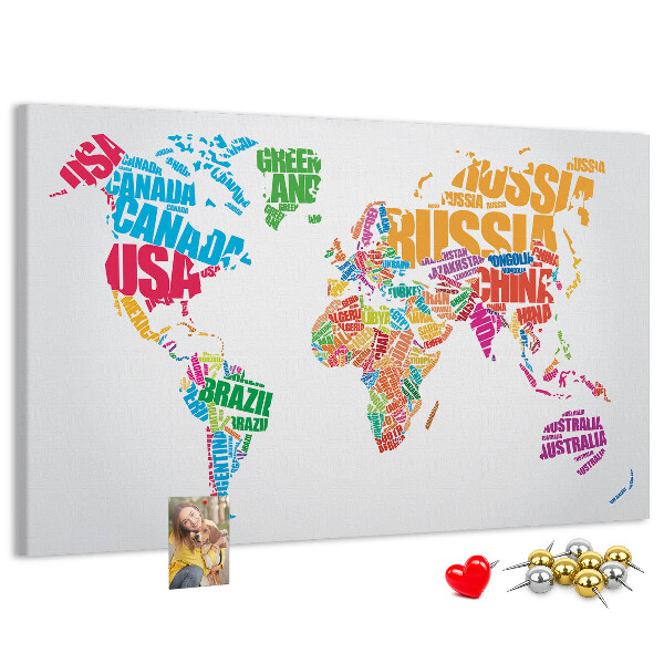 Tableau en liège Carte du monde colorée avec les noms des pays