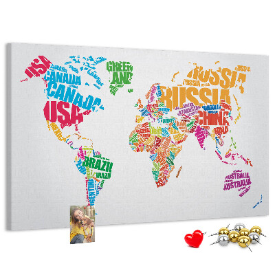 Tableau en liège Carte du monde colorée avec les noms des pays