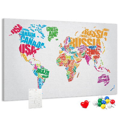 Tableau en liège Carte du monde colorée avec les noms des pays
