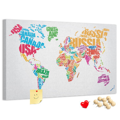 Tableau en liège Carte du monde colorée avec les noms des pays