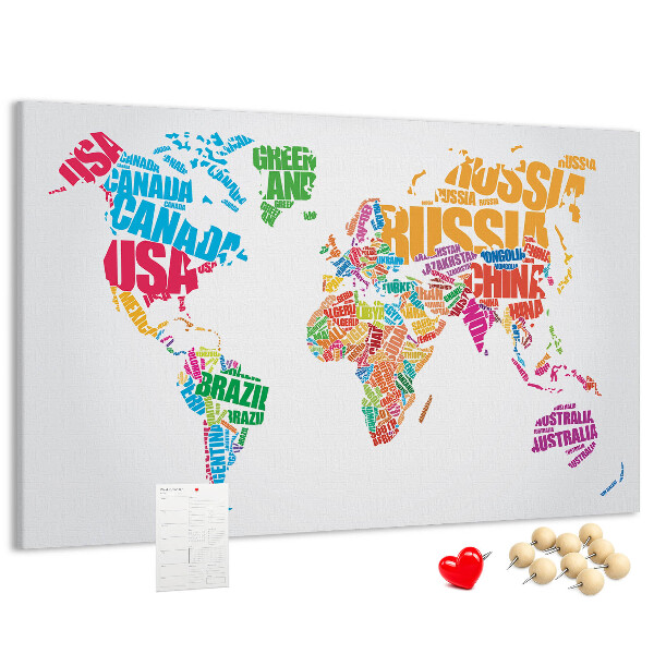 Tableau en liège Carte du monde colorée avec les noms des pays