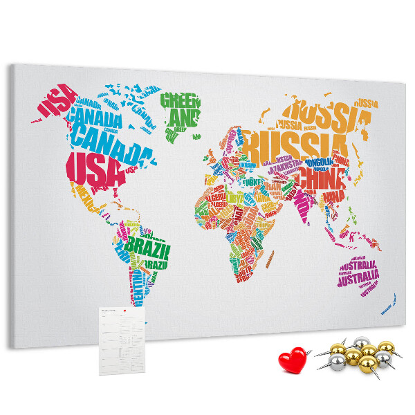 Tableau en liège Carte du monde colorée avec les noms des pays