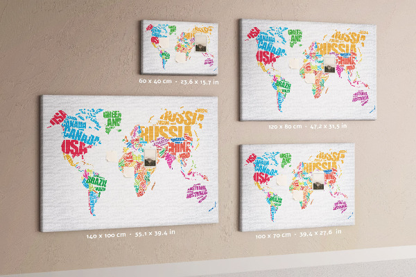 Tableau en liège Carte du monde colorée avec les noms des pays