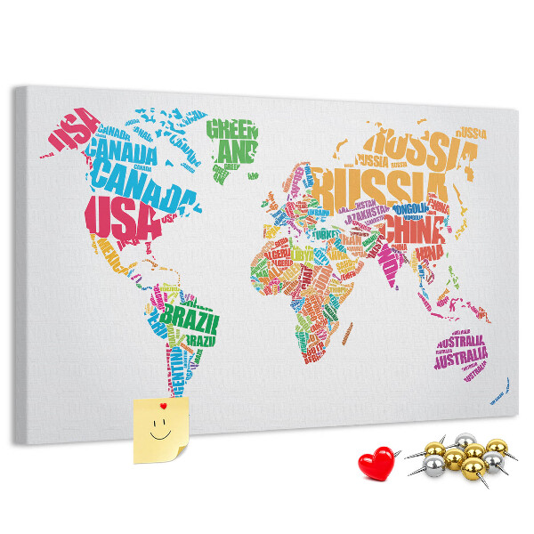 Tableau en liège Carte du monde colorée avec les noms des pays