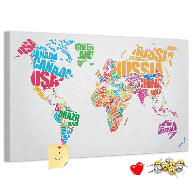 Tableau en liège Carte du monde colorée avec les noms des pays