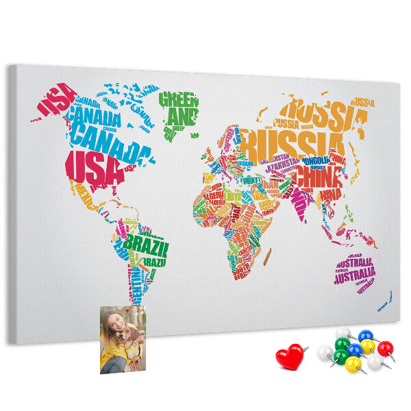 Tableau en liège Carte du monde colorée avec les noms des pays