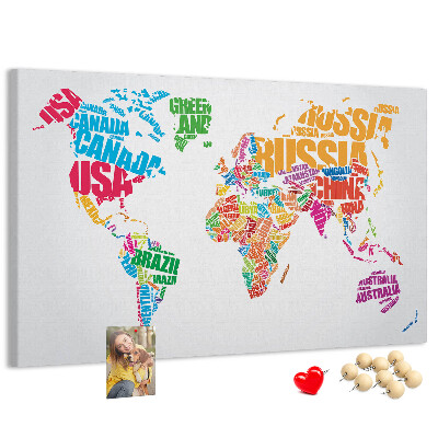 Tableau en liège Carte du monde colorée avec les noms des pays